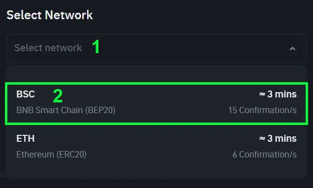 Erklärung für die Wahl des korrekten Networks für Crypto Zahlungen.